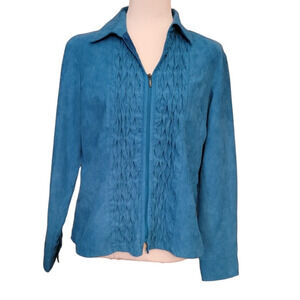 Turquoise Blue Zip Up Blazer Pin Tucked Office Casual‎ Career Retro Chic Size PM